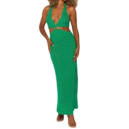 Women Crochet Knit Maxi Dresses Y2K Hollow Out Long Dresses Halter Neck Bodycon Dress Retro Summer B | Walmart (US)