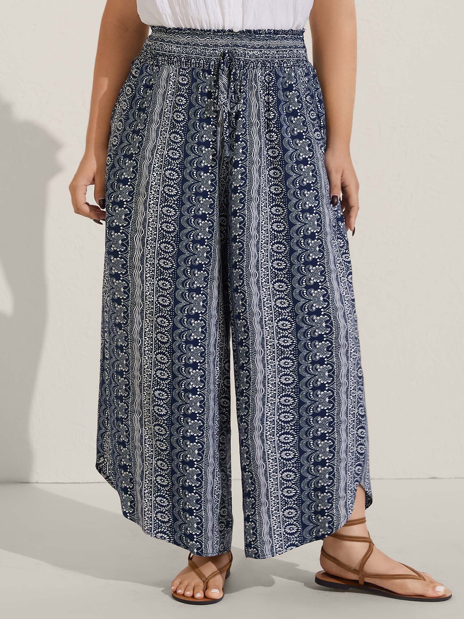 Boho Print Shirred Waist Wide-Leg Pants | Bloomchic