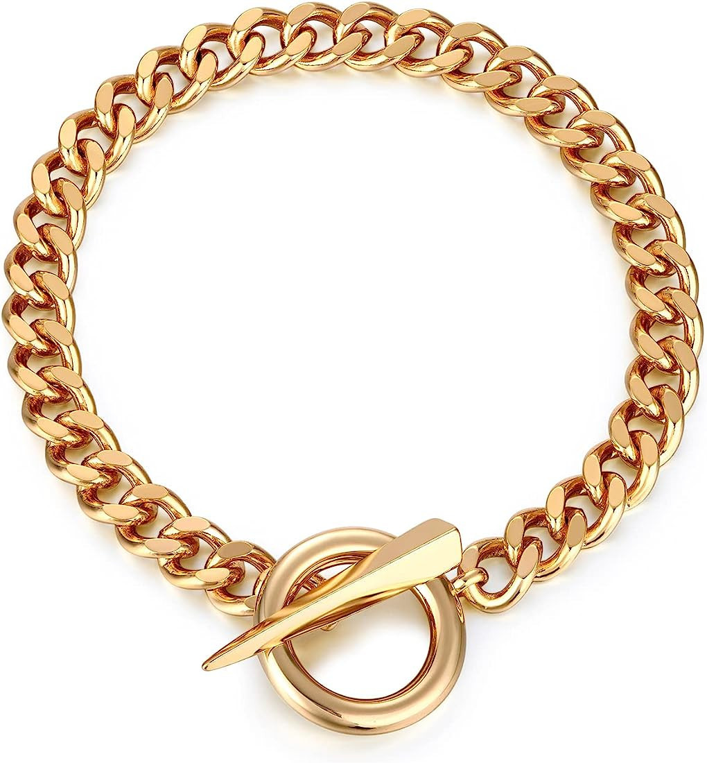 FRUMOS Dainty Layering Bracelets for Women 18 k Gold Plated Fashion Adjustable Chunky Cuban Paper... | Amazon (US)