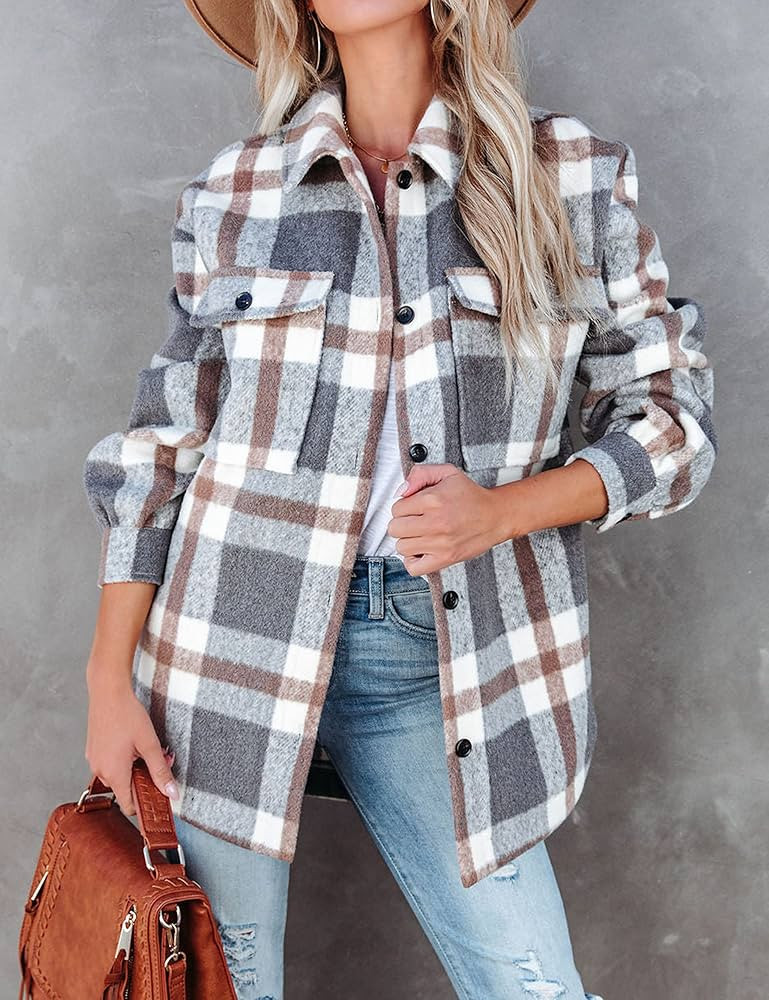 Uaneo Womens Casual Wool Blend Button Down Plaid Shacket Flannel Shirt Jacket Coat | Amazon (US)