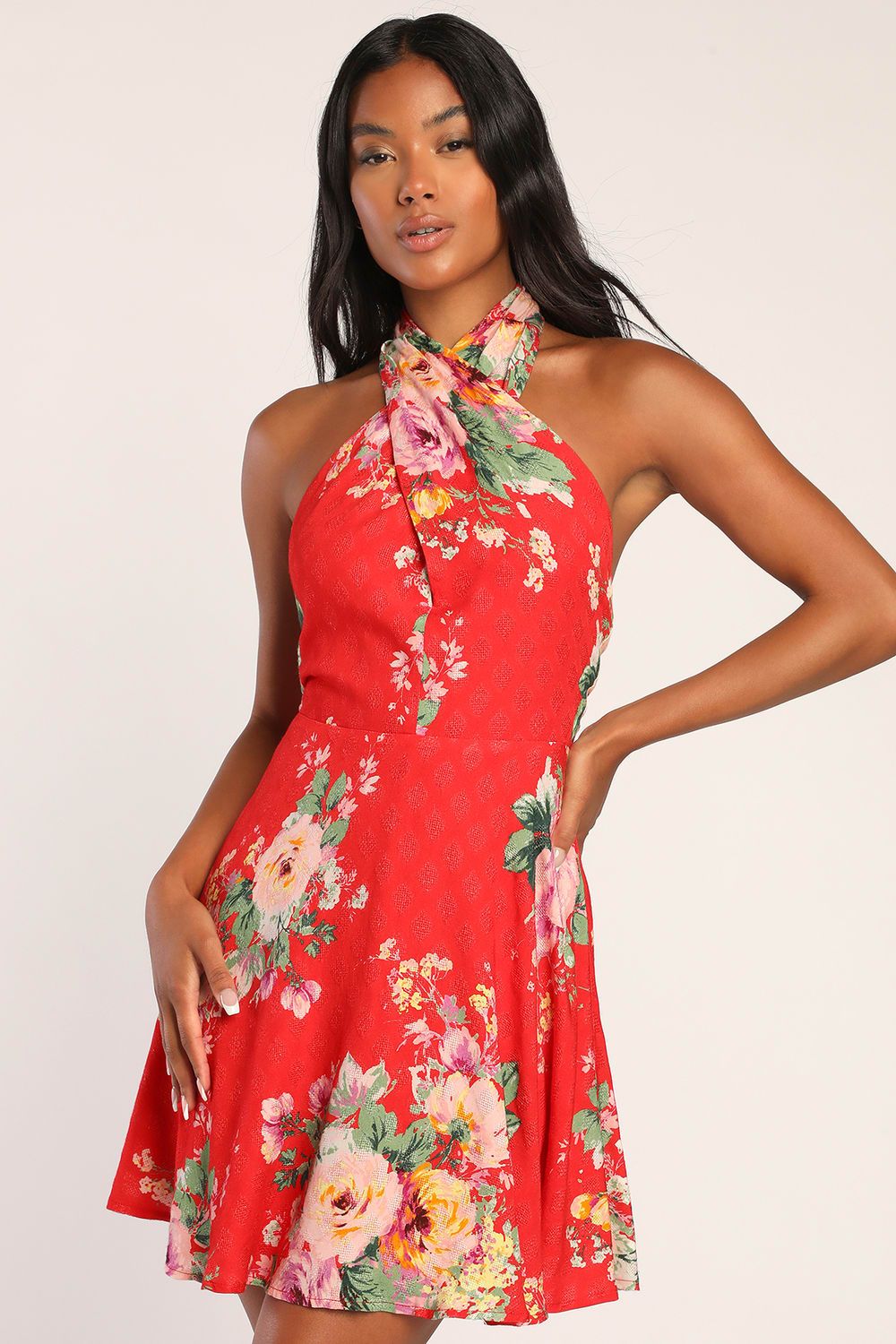 Own the Day Red Floral Jacquard Cross-Front Halter Mini Dress | Lulus (US)