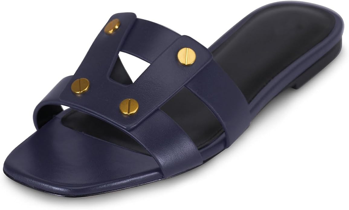Women's Flat Square Open Toe with Gold Rivet Accents Slide Sandals Comfortable Slip On Flat Mule ... | Amazon (US)