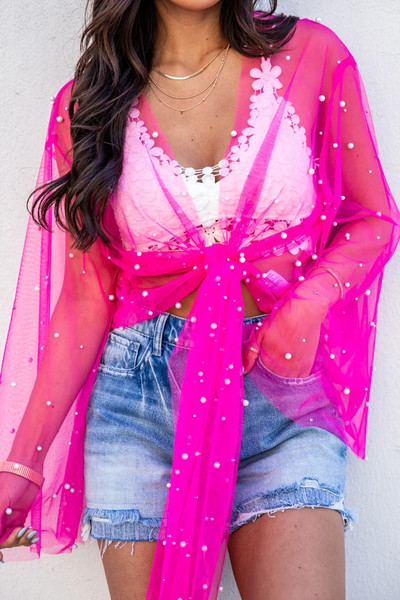 Electric Love Pink Pearl Embellished Mesh Tie Front Blouse