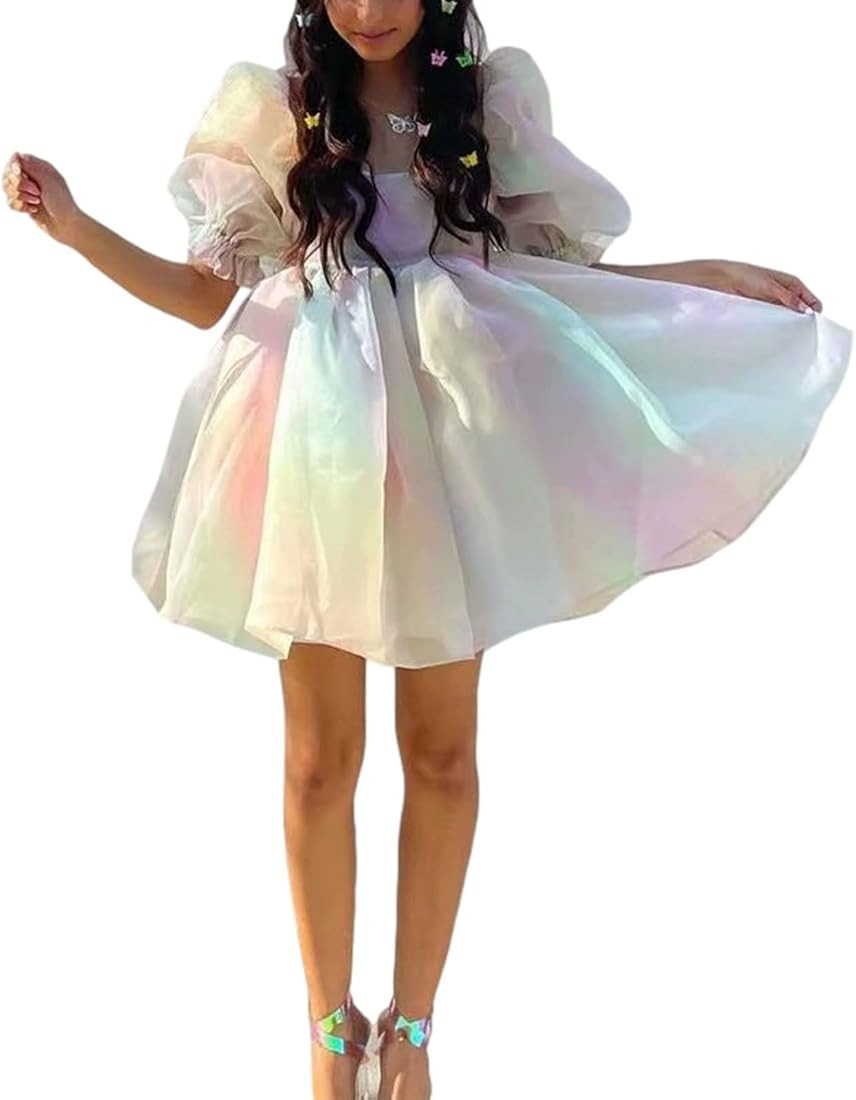 Women's Puff Sleeve Tulle Princess Dress Square Neck Fairy Mini Dress Tie Dye Party Wedding Dress | Amazon (US)