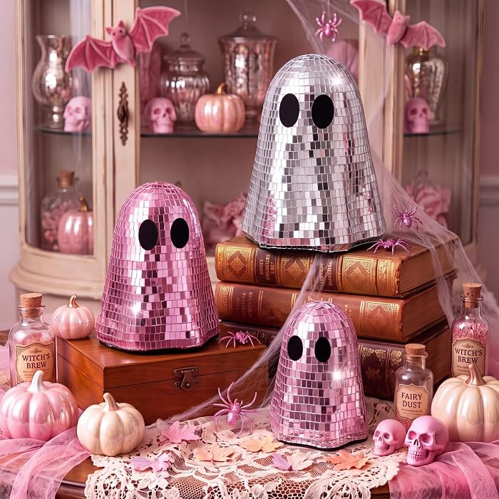 3 Pcs Halloween Disco Ghost Decor 6'' 5'' 4'' Glitter Ornament, Pink | Amazon (US)