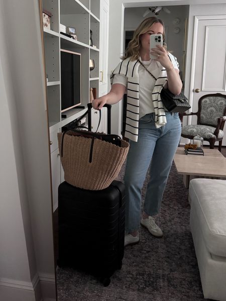 Travel outfit. Striped sweatshirt from LaLigne (L)
Agolde Parker jeans in 27
Away higher Carry on
Jcrew straw tote summer bag 

#LTKSeasonal