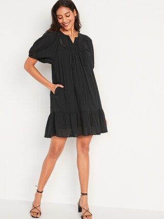 Puff-Sleeve Tie-Neck Eyelet Mini Swing Dress for Women | Old Navy (US)