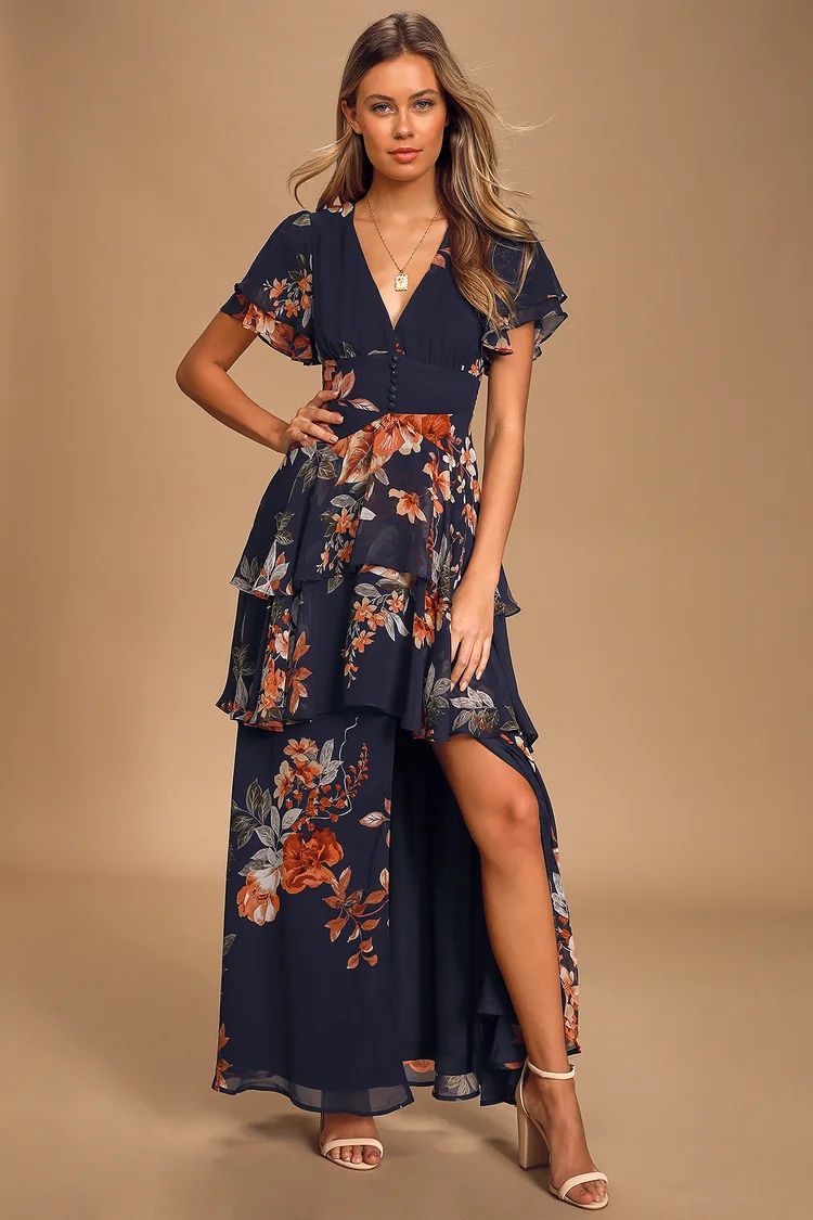 Midnight Mood Navy Blue Floral Print Tiered Maxi Dress | Lulus