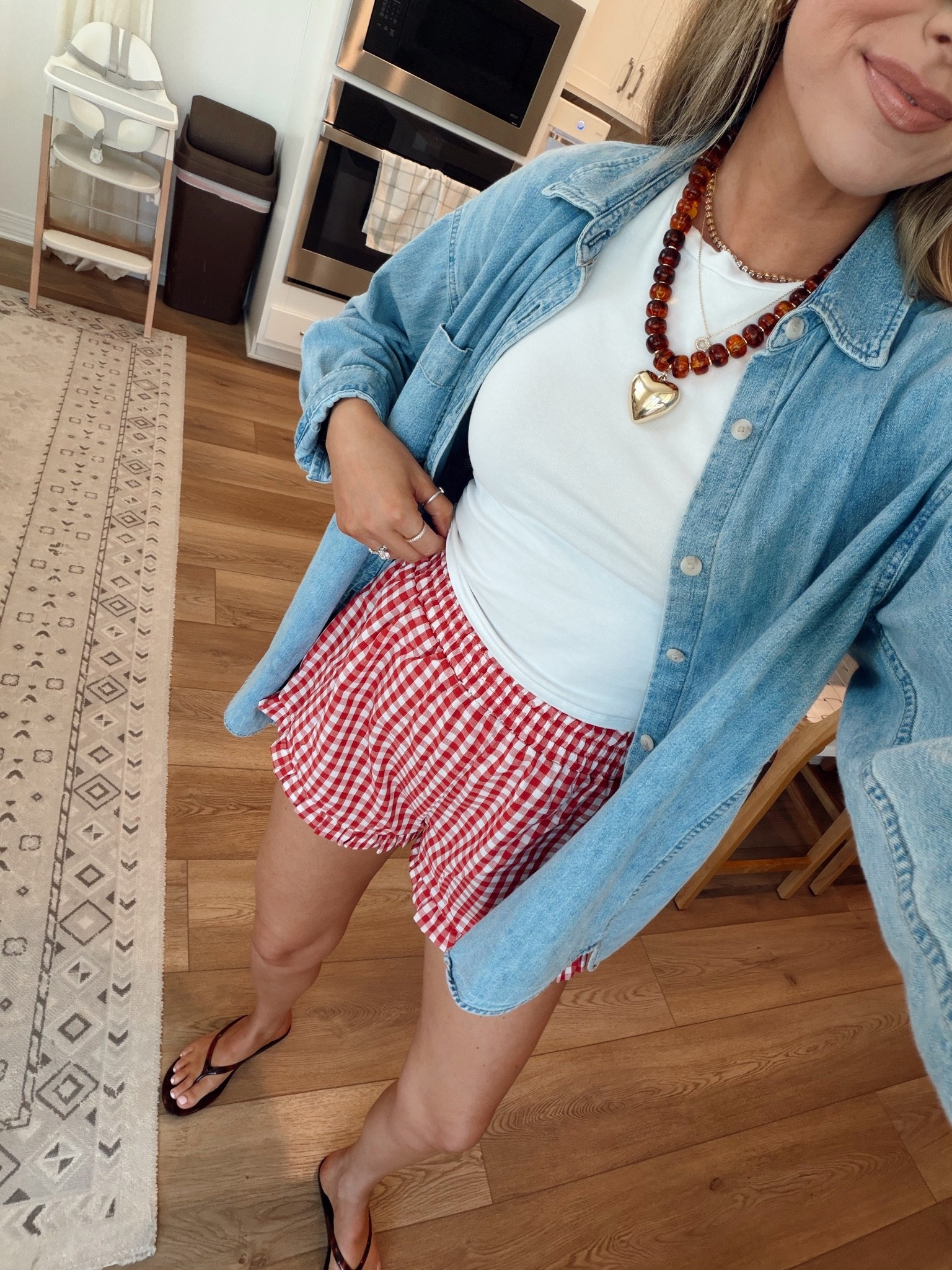 Today’s outfit! Wearing a medium shorts, small tee and small denim shirt