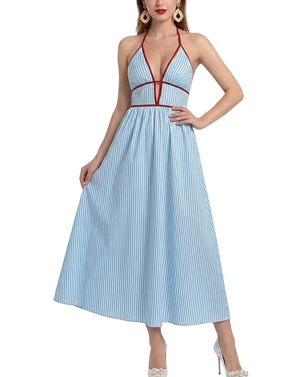 Womens Sexy Deep V Neck High Slit Maxi Dress Halter Tie Backless Formal Evening Party Date Night ... | Amazon (US)