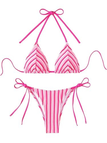 Falainetee Women's Striped Printed Bathing Suit Colorblock Textured Pattern Swimsuit Bikini Set Hot Pink L | Amazon (US)