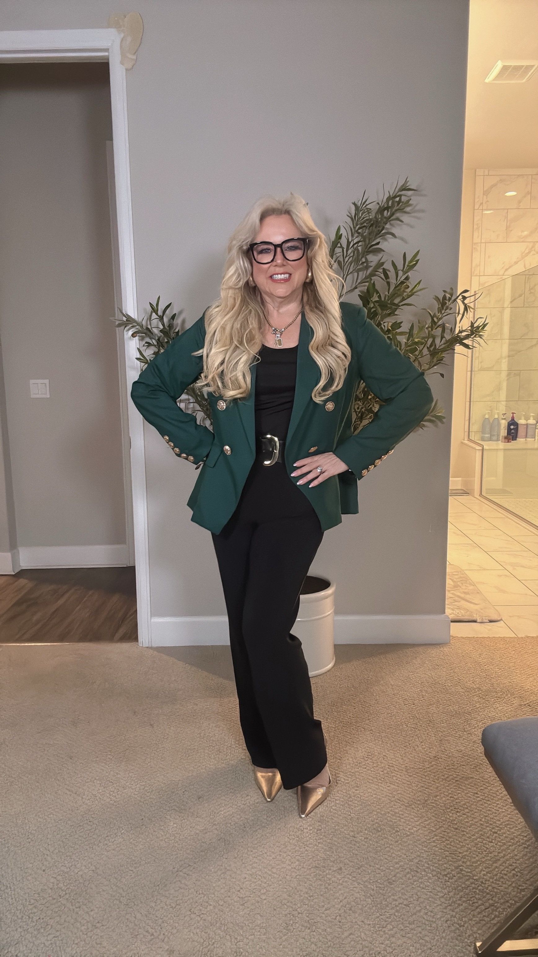 Gorgeous emerald green double breasted blazer (14) with gold button accents. Super comfy wrinkle resistant pants (M) that are great for the office and for travel. 

#LTKWorkwear #LTKOver40 #LTKTravel