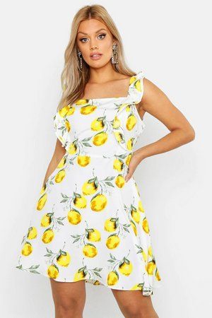 Plus Ruffle Shoulder Lemon Print Skater Dress | Boohoo.com (US & CA)