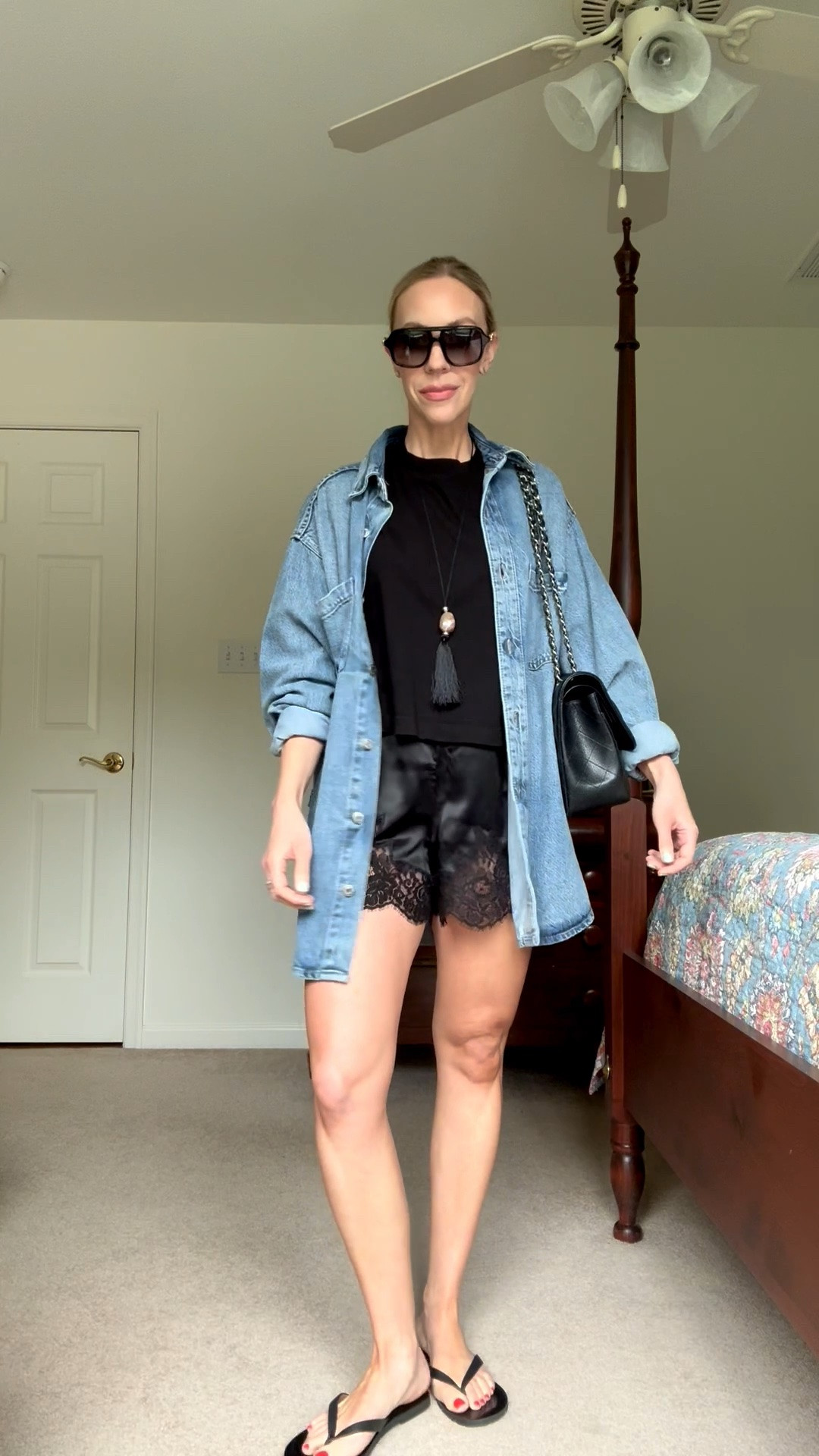 Silk lace shorts styled with cropped tee, oversized denim shirt, black leather thong sandals

#LTKSeasonal #LTKSaleAlert