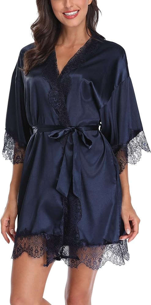 Women's Satin Robe with Lace Trim Sexy Short Silk Bridal Robes for Bride Bridesmaids Wedding Lightweight Cute Robe | Amazon (US)