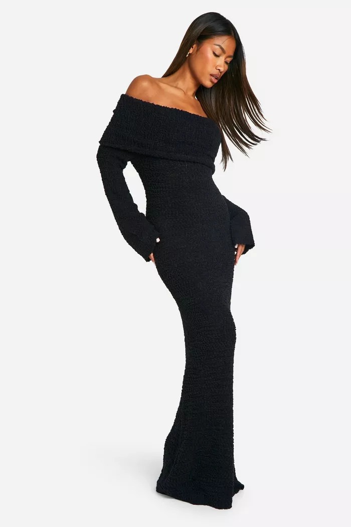 Boucle Extreme Foldover Bardot Knitted Maxi Dress | Boohoo.com (UK & IE)