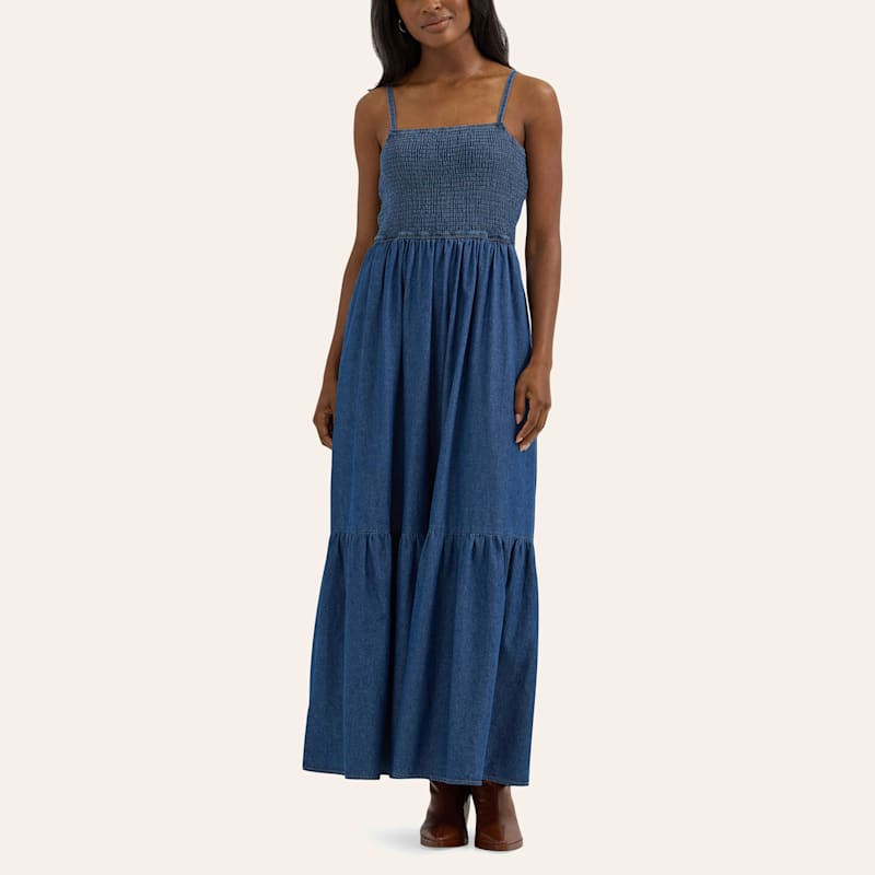 Wrangler Women's Medium Wash Denim Smocked Maxi Dress | Cavender's