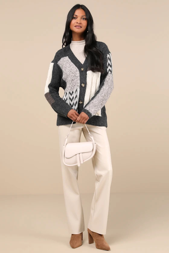 Marvelously Cozy Grey Multi Patchwork Cardigan Sweater | Lulus
