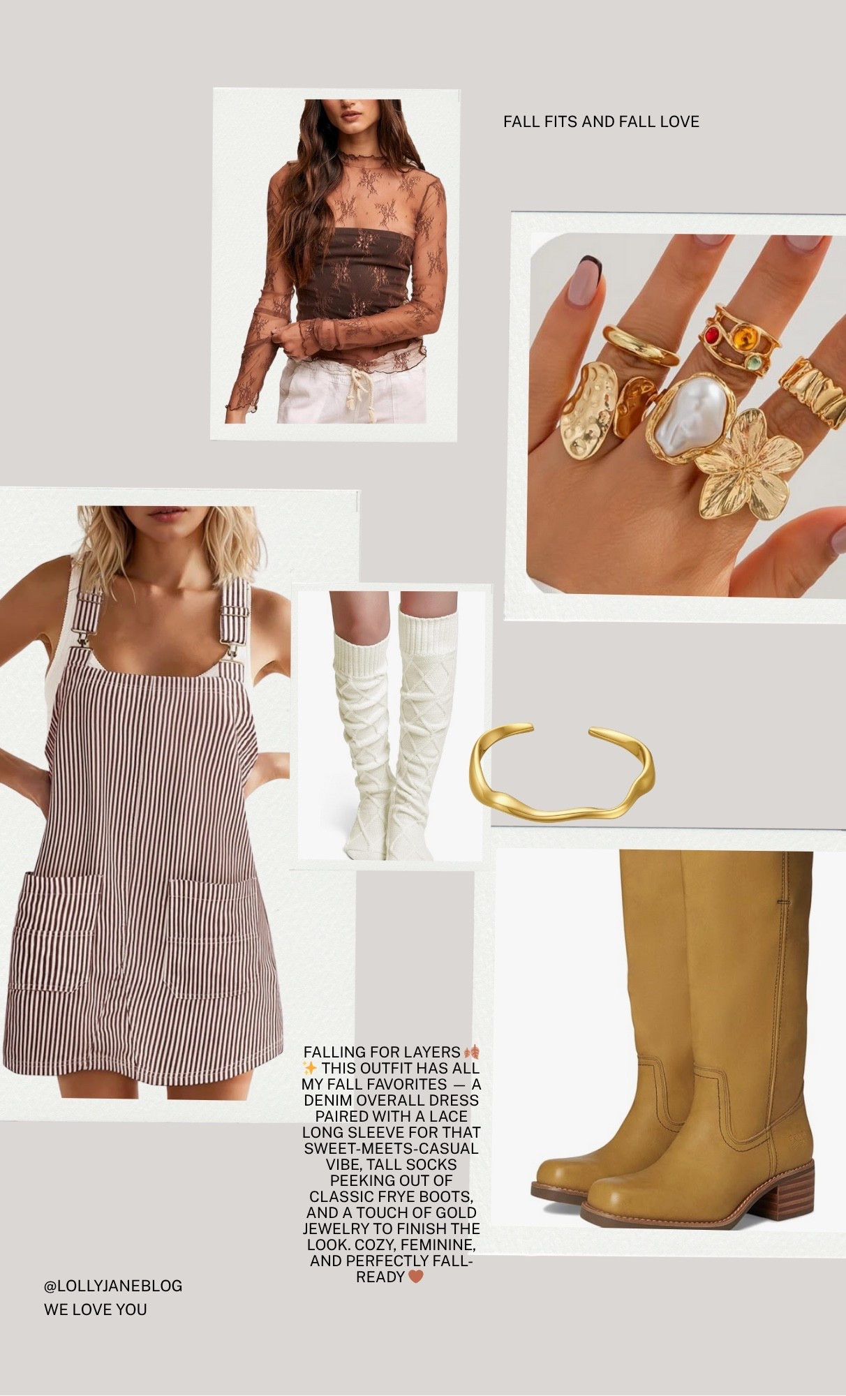 Falling for layers 🍂✨ This outfit has all my fall favorites — a denim overall dress paired with a lace long sleeve for that sweet-meets-casual vibe, tall socks peeking out of classic Frye boots, and a touch of gold jewelry to finish the look. Cozy, feminine, and perfectly fall-ready 🤎 Tap to shop the full look!
#FallOutfit #CozyStyle #OverallsDress #LTKFall #FryeBoots #LollyJaneFinds #AutumnFashion #OOTDFall


#LTKSeasonal #LTKHome #LTKStyleTip