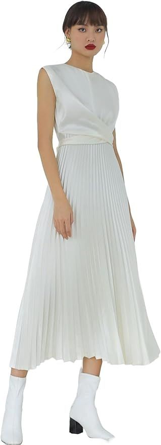 Women Silk Pleated Midi Dress Sleeveless Twist Front Satin Formal Evening Dress | Amazon (US)