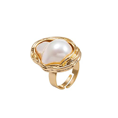 Irregular Pearl Rings for Women 18K Gold Baroque Pearl Ring Silver Pearl Statement Ring Adjustable Chunky Pearl Rings Fashion Wedding Jewelry for Women | Amazon (US)