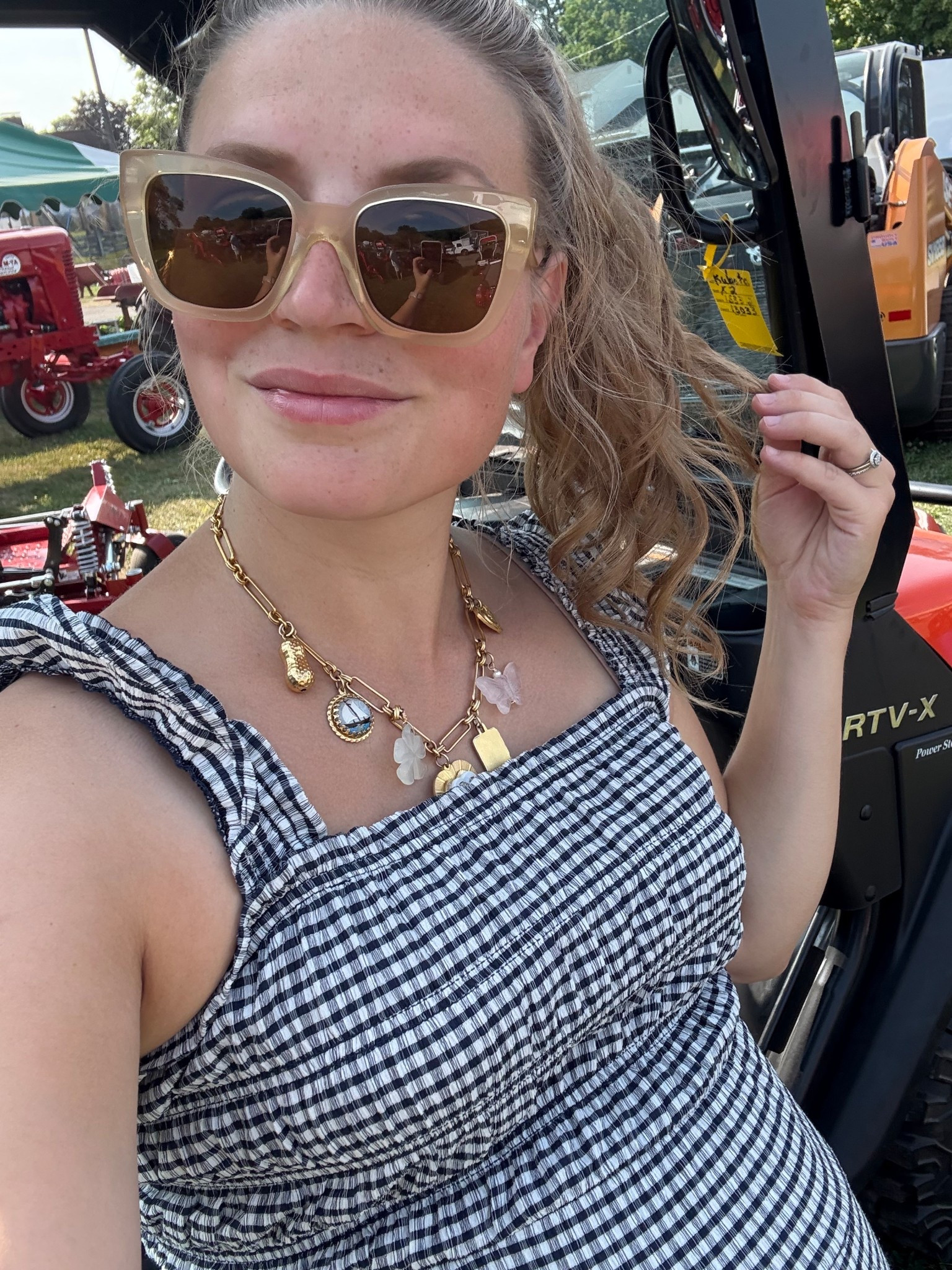 Fair fit, retro sunglasses, gingham dress, charm necklace, pregnancy fit, maternity, bump friendly 