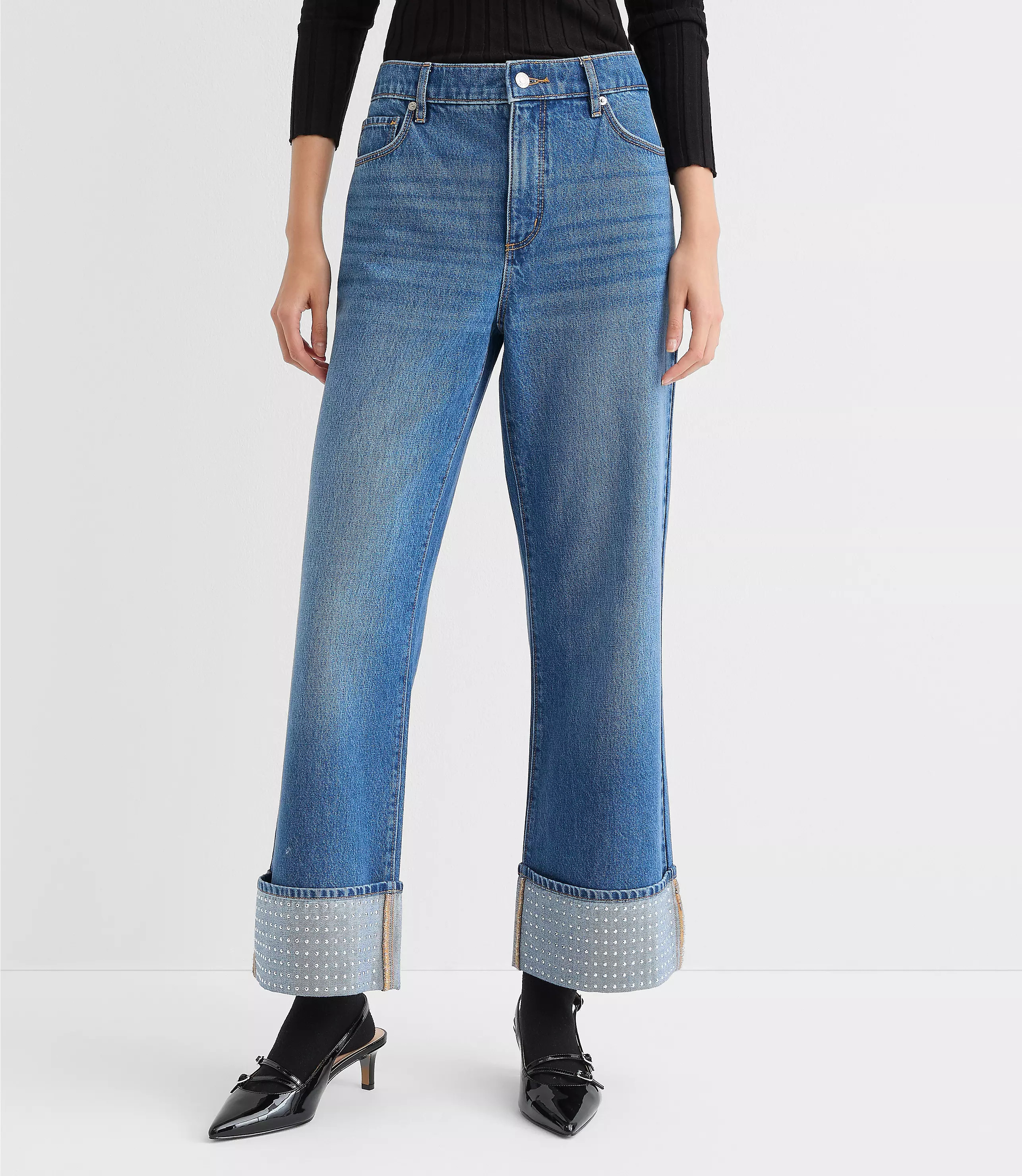 Curvy Embellished Cuffed High Rise Wide Leg Crop Jeans in Bright Mid Indigo Wash | LOFT