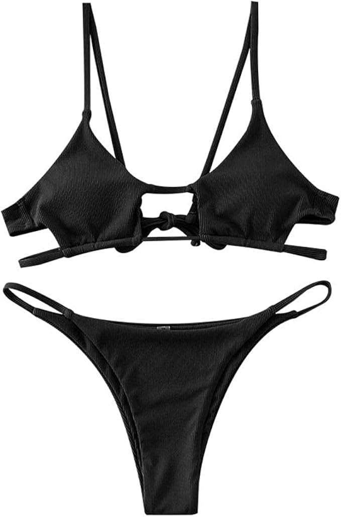 ZAFUL Women's Ribbed Cut Out Bikini Set String Swimwear Sexy Brazilian Thong Bikini Two Piece Swi... | Amazon (US)