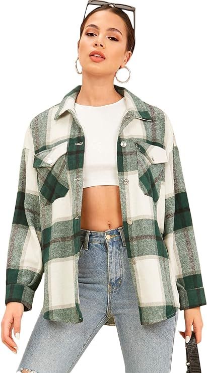 MakeMeChic Women's Plaid Print Drop Shoulder Button Front Long Sleeve Blouse Coat | Amazon (US)