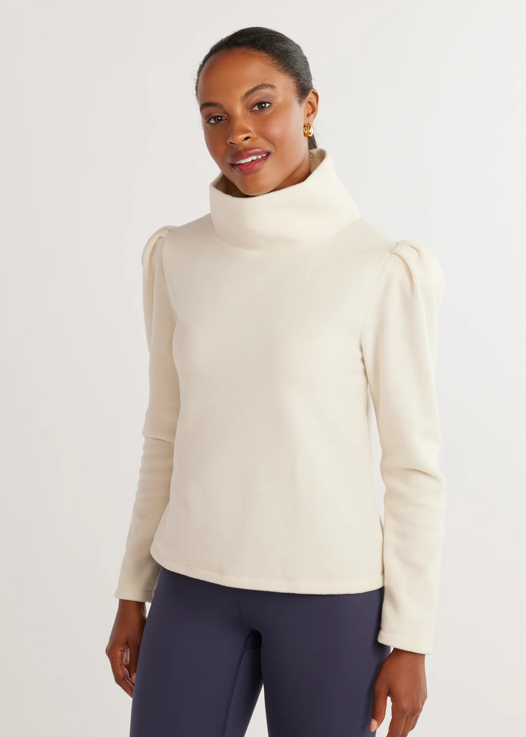 Palmer Puff Sleeve Turtleneck in Vello Fleece (Cream) | Dudley Stephens