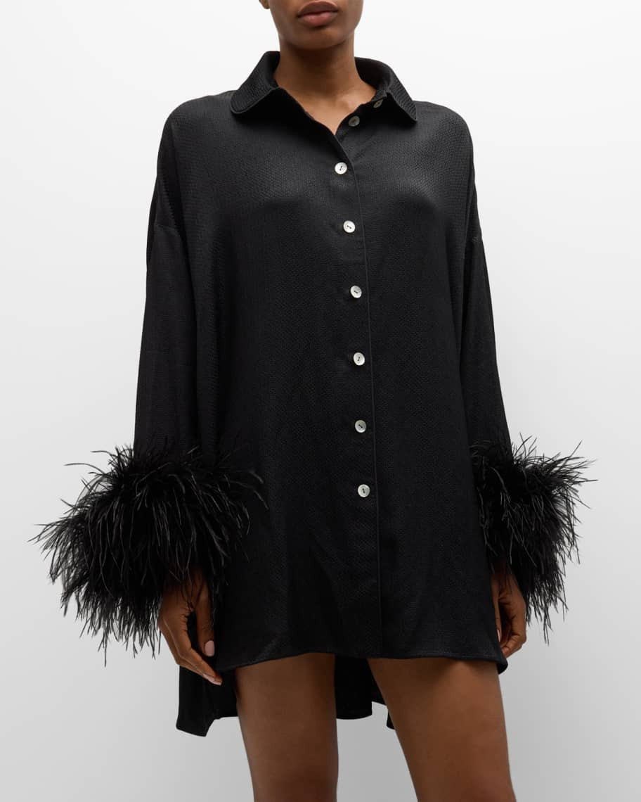 Sleeper Pastelle Oversized Feather-Trim Shirtdress | Neiman Marcus