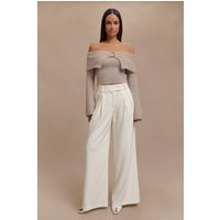 Baxter Off Shoulder Fluffy Knit Top - Taupe | MESHKI US