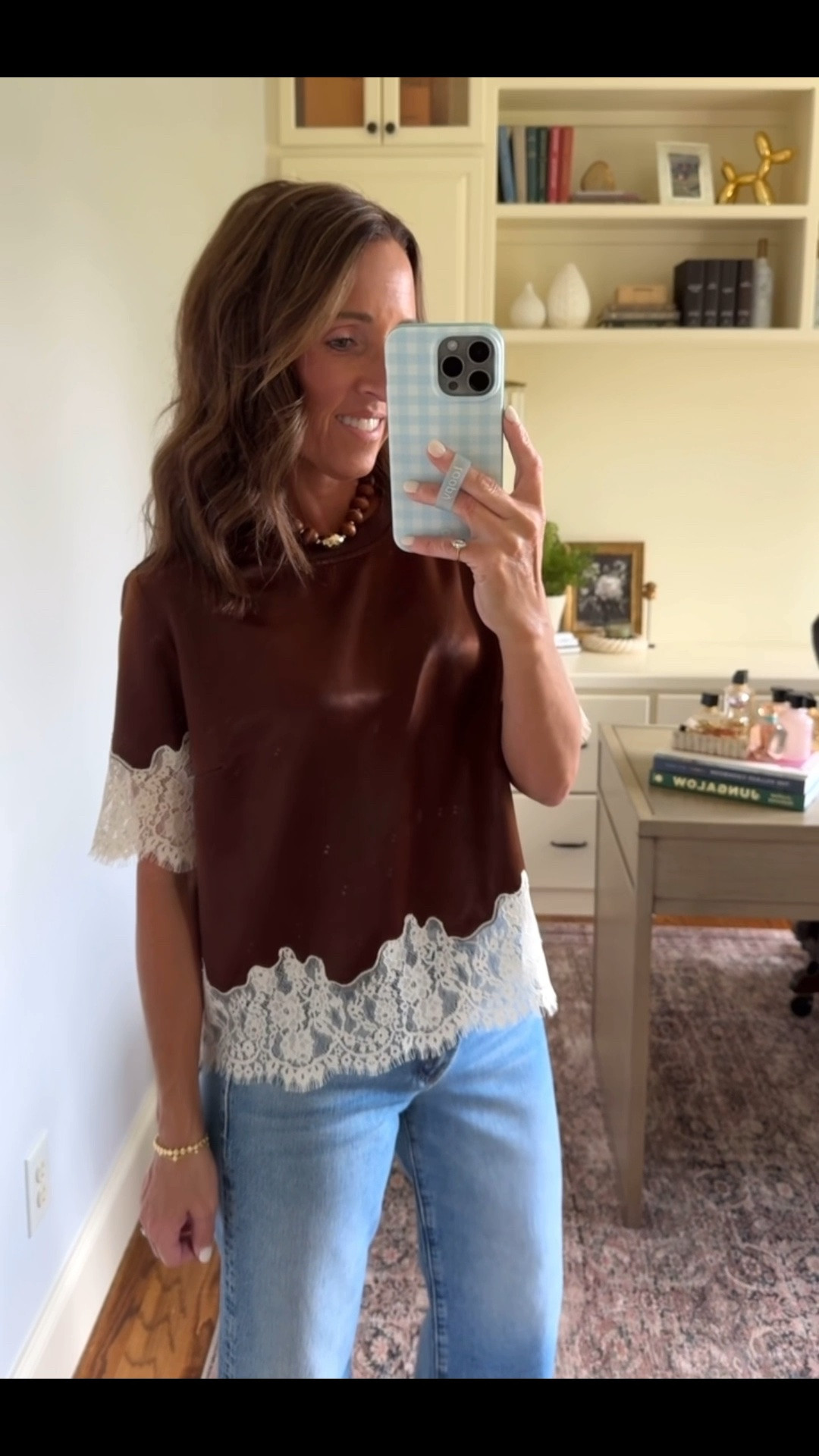 Lace trim satin top. Also in black. 
Top S. Jeans TTS, 25.

#LTKSeasonal #LTKOver40 #LTKootd