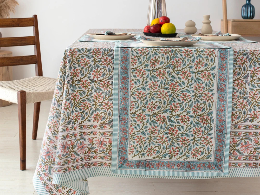 Peachy Blossom Design Block Printed Tablecloth Floral - Etsy | Etsy (US)