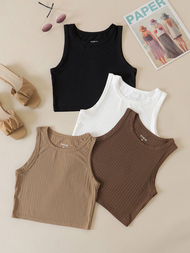 4pcs Solid Ribbed Crop Tank Top | SHEIN