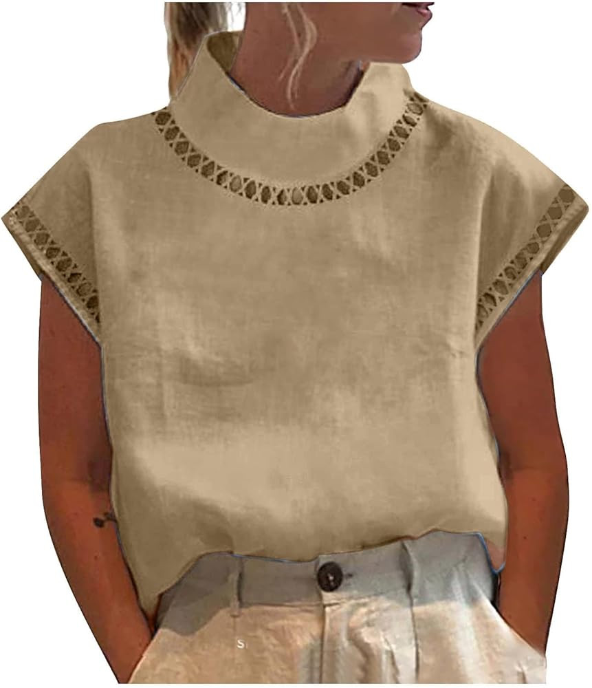 Bengbobar Women's Cotton Linen Blouse Shirt Short Sleeves Mock Neck Casual Loose Tunic Top for Su... | Amazon (US)