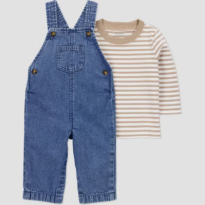 Carter's Just One You® Baby Boys' 2pc Striped Long Sleeve T-Shirt and Denim Overalls Set - Blue/Off-White  9M | Target