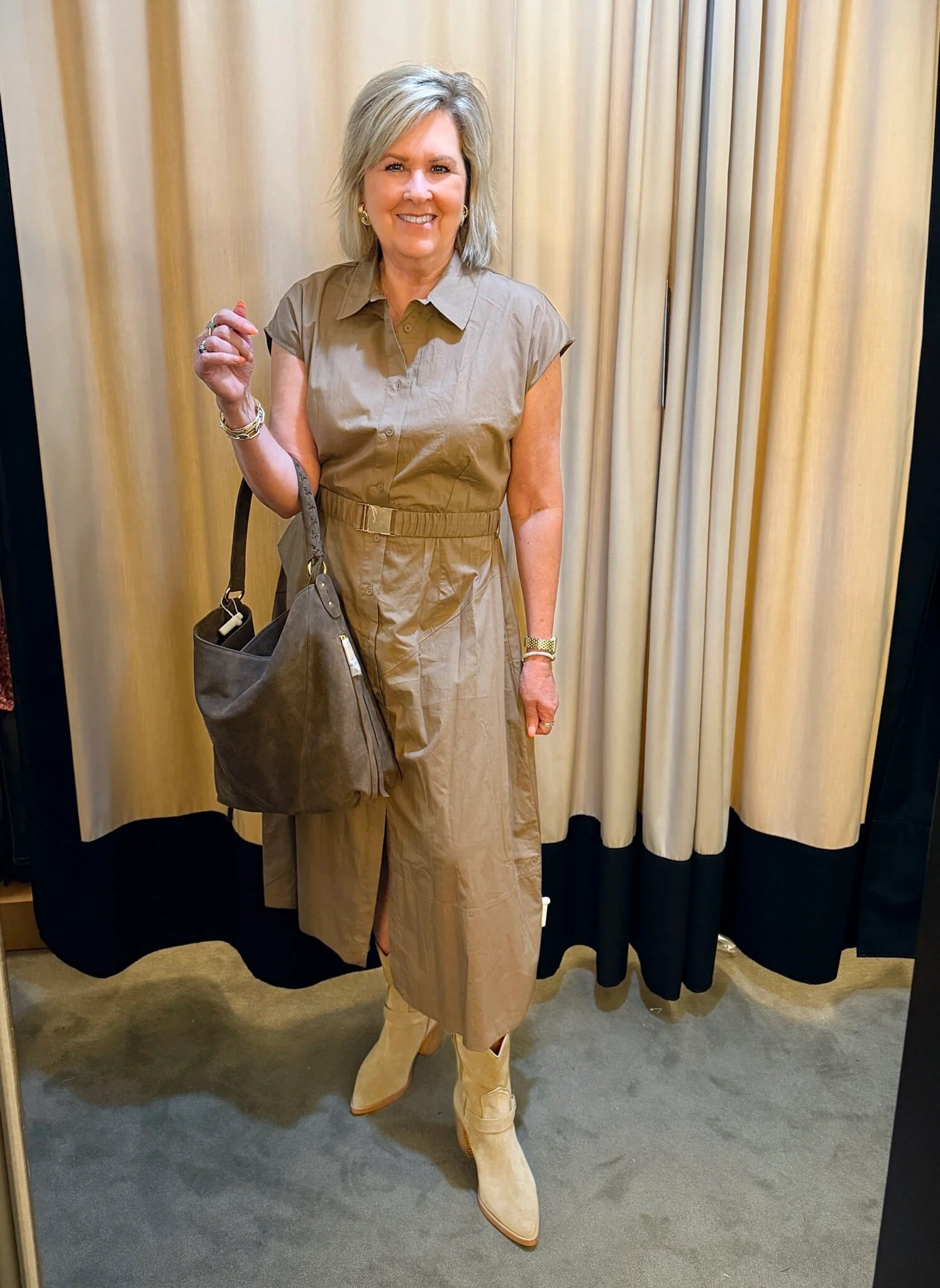 Nordstrom Anniversary Sale! Styling this Asymmetrical Belted Midi Shirtdress (size large) | Dolce Vita Western Boots | Suede Hobo Bag 

#LTKStyleTip #LTKMidsize #LTKOver40