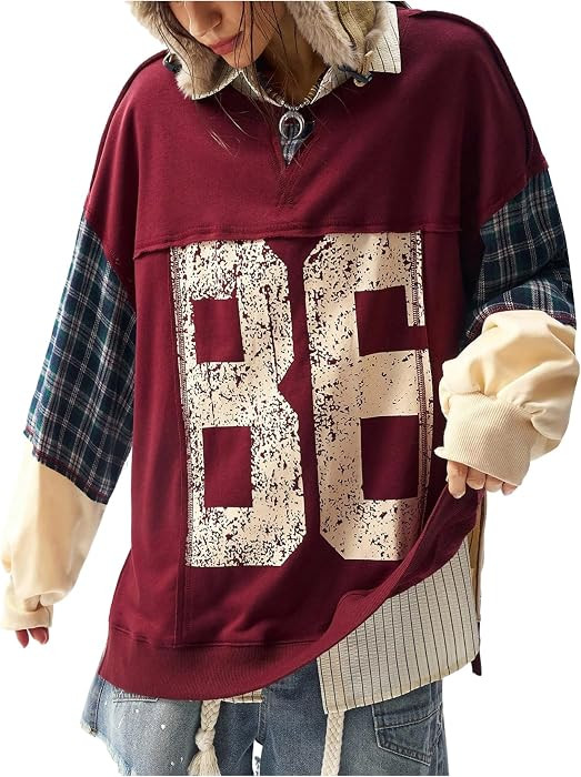 WDIRARA Women's Number Graphic Plaid Patchwork Sweatshirt Jersey Shirts | Amazon (US)
