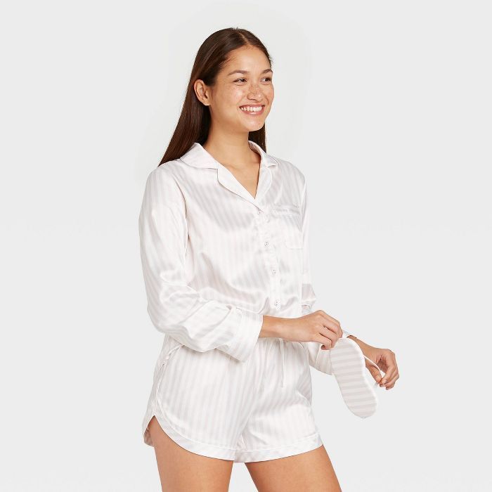 Women's 3pc Striped Satin Long Sleeve Notch Collar Top and Shorts Pajama Set with Eye Cover - Sta... | Target