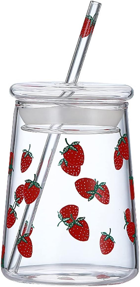 JHNIF 18 Oz Lovely Strawberry Clear Glass Tumbler with Lid and Straw. | Amazon (US)