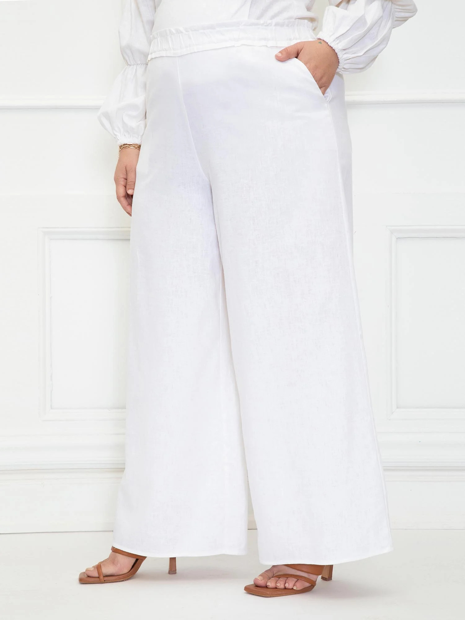 ELOQUII Elements Women's Plus Size Linen Wide Leg Pants - Walmart.com | Walmart (US)