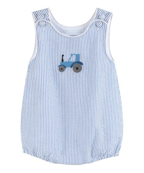 Lil Cactus Dark Blue Tractor Seersucker Bubble Romper - Infant | Zulily