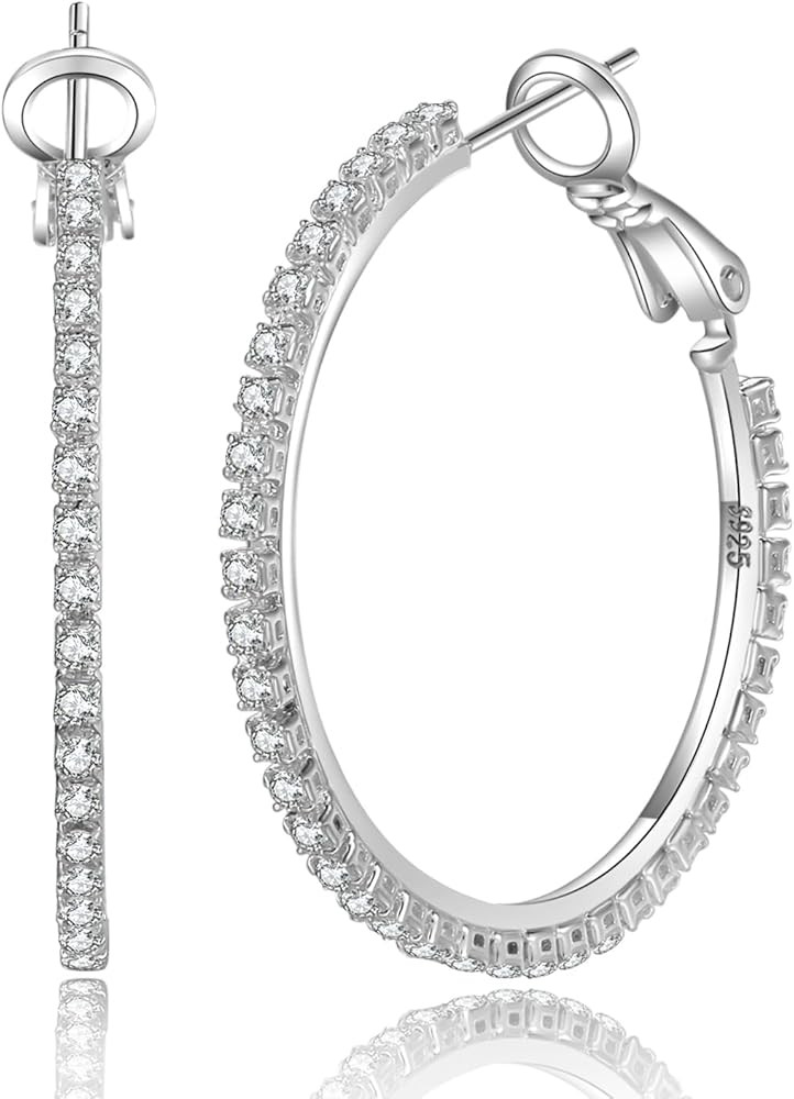 PABBEU Sterling Silver Hoop Earrings S925 Rhinestone Hoop Earrings Large Hoop Earrings for Women ... | Amazon (US)