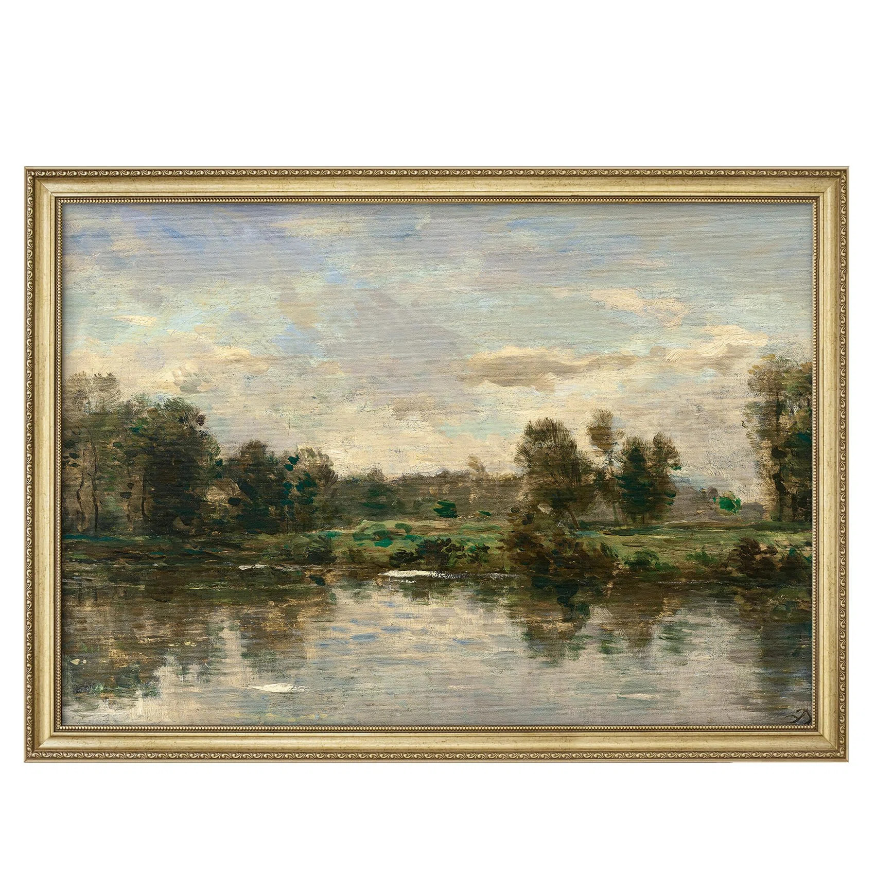 Traditional Pond Landscape Reflections on Water with Trees and Sky Gold Framed Wall Art Decoration | Wayfair North America