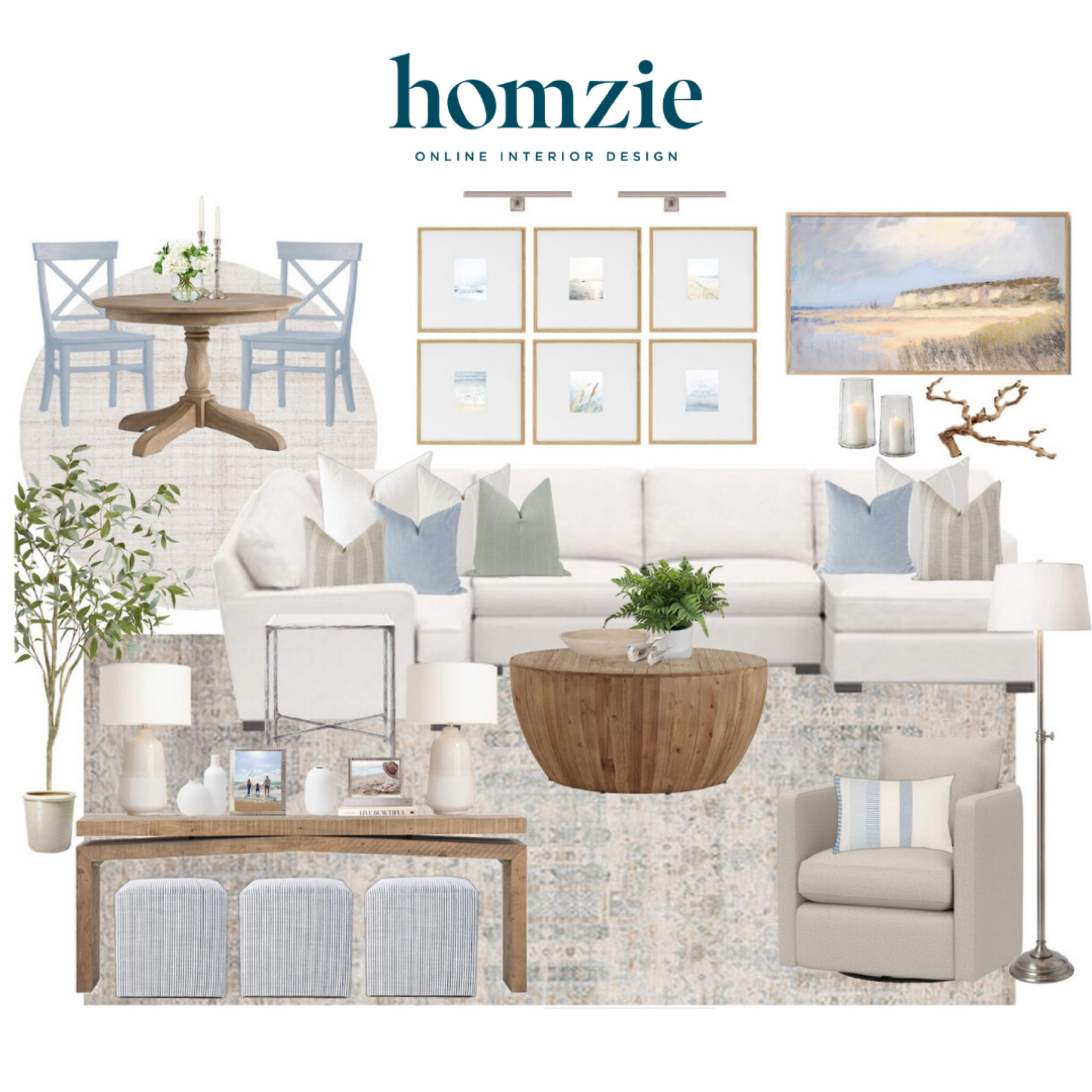 Coastal living room design! Neutral performance fabric sectional, neutral swivel chair, round coffee table, gallery frames, ottomans 

#LTKHome #LTKSaleAlert #LTKFamily