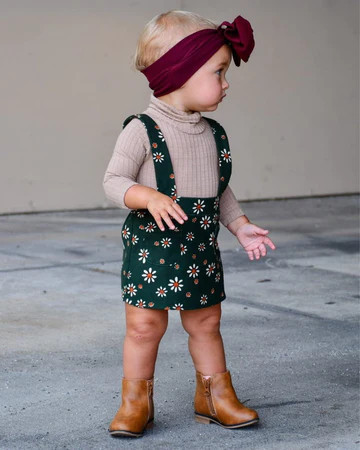 Billie Corduroy Suspender Skirt - Evergreen Daisies | Bailey's Blossoms