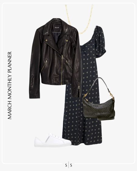 Monthly outfit planner: MARCH: Winter to Spring transitional looks | printed midi dress, leather jacket, sneakers 

See the entire calendar on thesarahstories.com ✨ 

#LTKstyletip