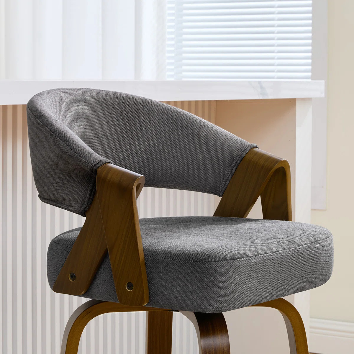 360° Swivel Mid-Century Walnut Bar Stool With Curved Upholstered Back | Wayfair North America