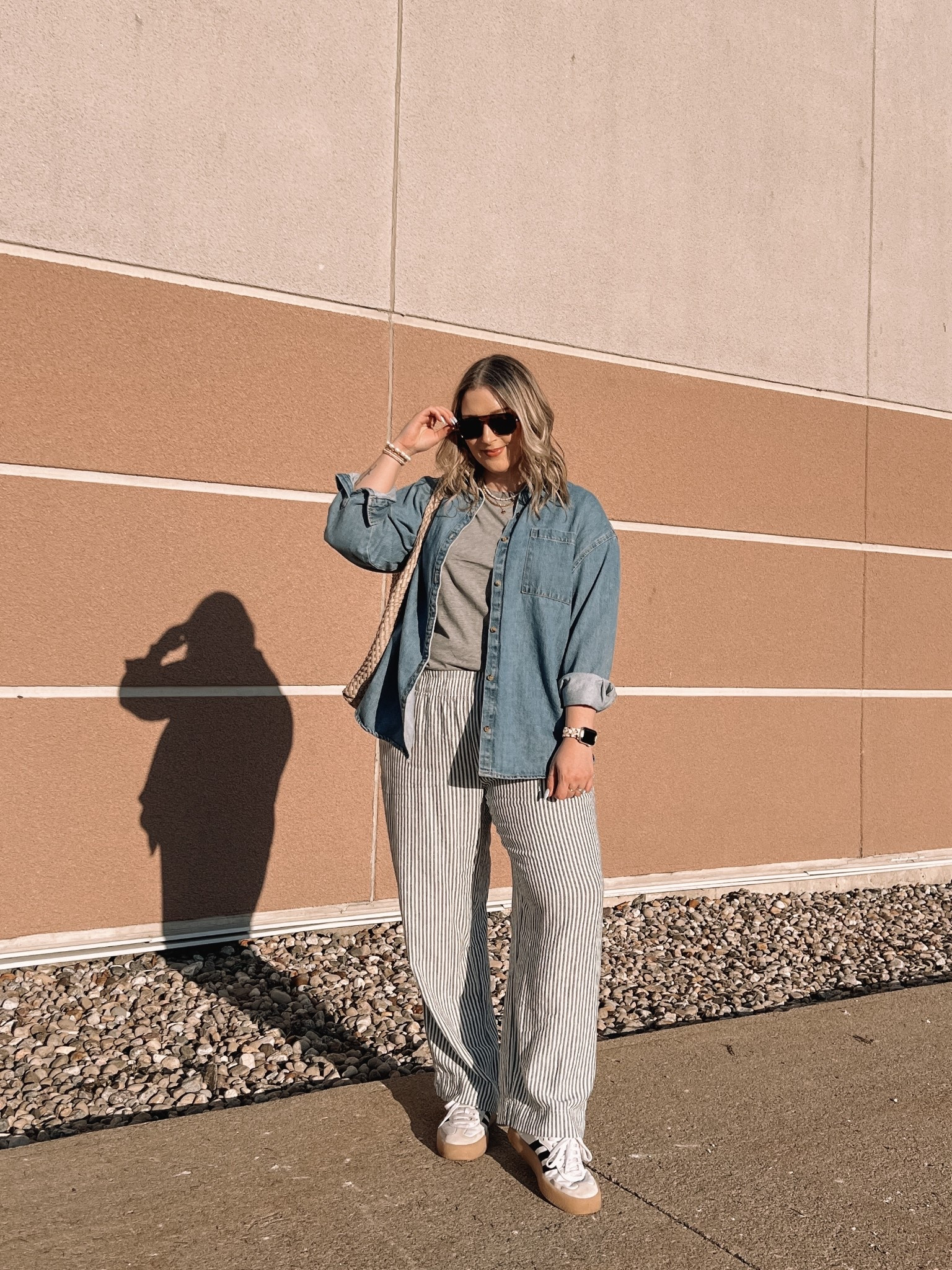 Spring outfit from last year! Wearing my usual size L in the denim shirt (one of my all time fave pieces). Linked this year’s version of my striped linen pants, wearing L. Linked similar grey tee. Adidas sambae sneakers run a little big, I’m a 9.5-10 and wear a 9. Canadian Old Navy links are under “similar products”


#LTKmidsize #LTKsale #LTKstyletip